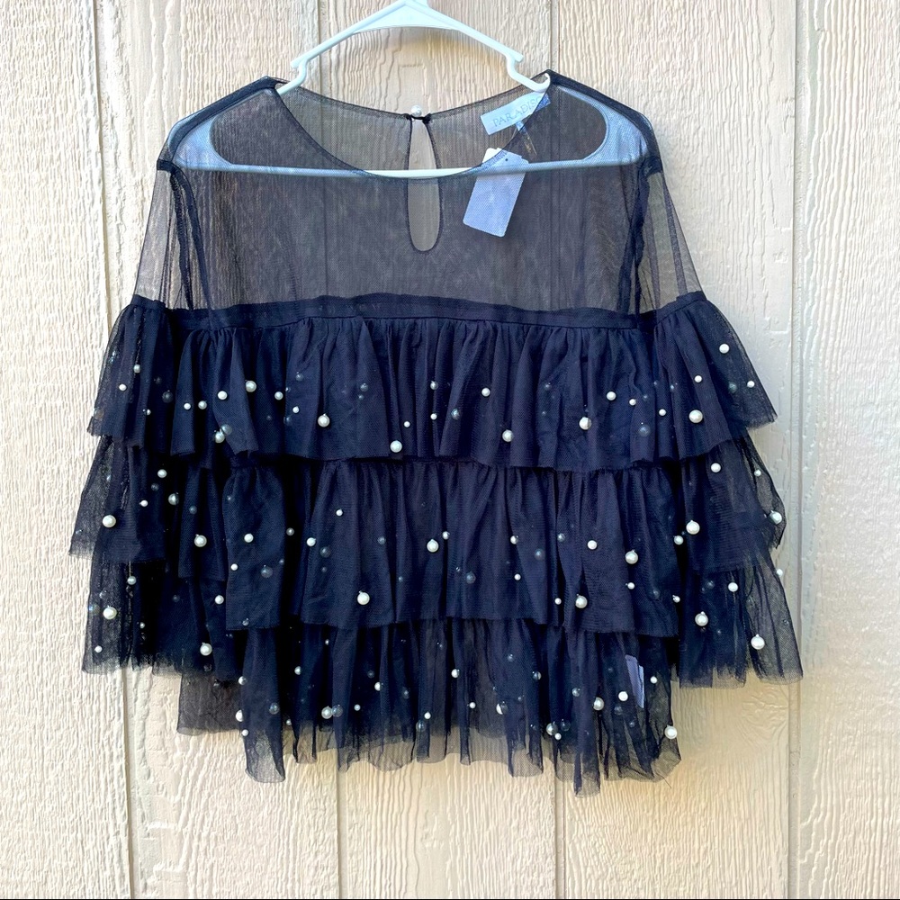 Paradiso Black Mesh Layered /Ruffle Pearl top